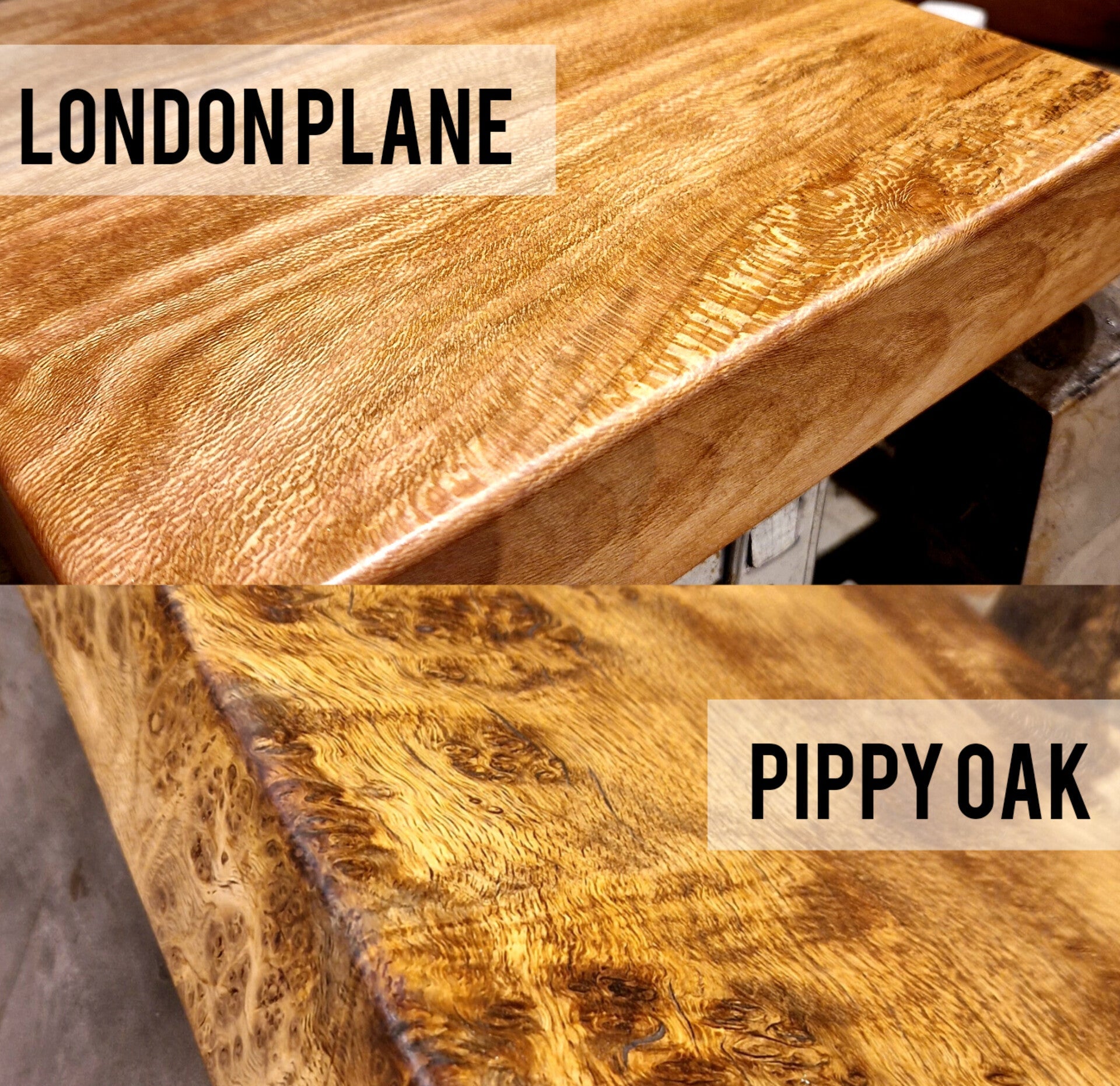 Two wooden surfaces labeled 'LONDONPLANE' and 'PIPPY OAK' with a visible brand name. bar stool replacement tops
